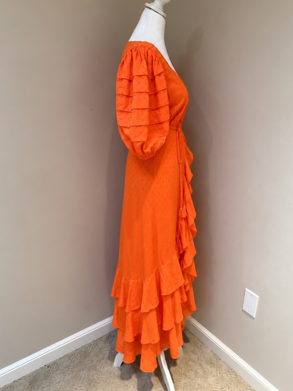NWT FARM Rio Orange Ruffles Midi Dress XXS Wrap Swiss Dot - Picture 9 of 11